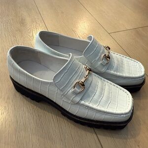 INTENTIONALLY BLANK White Croc-Embossed Loafers with Gold Bit